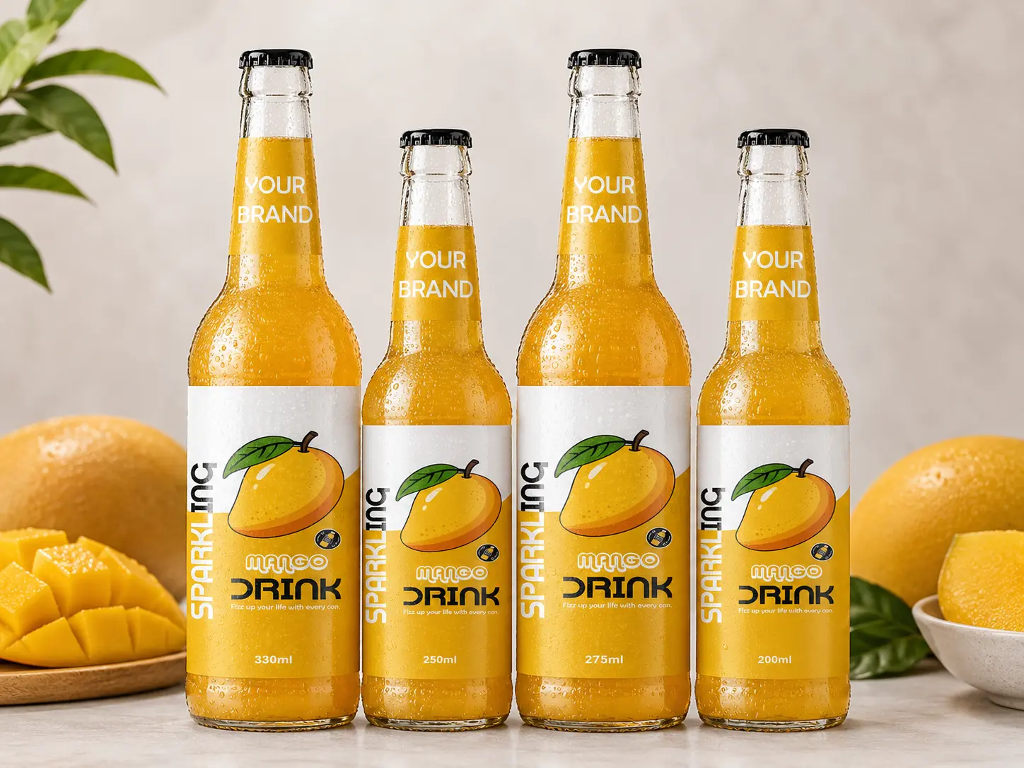 SPARKLING DRINK Mango Flavored Drink in 330ml, 250ml, 275ml, and 200ml glass bottles.